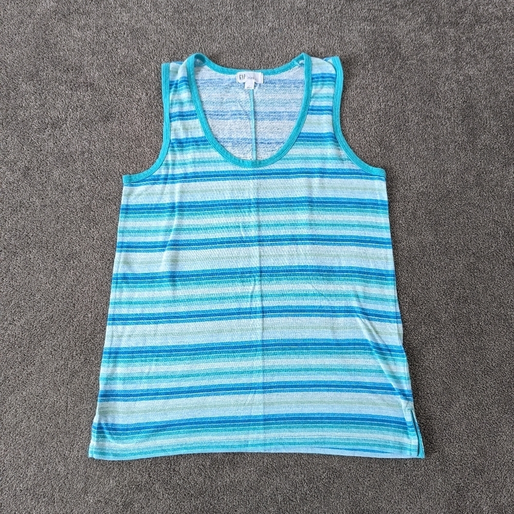 GAP Men's Linen Tank Top Blue Green Stripe Size Medium Muscle Tee